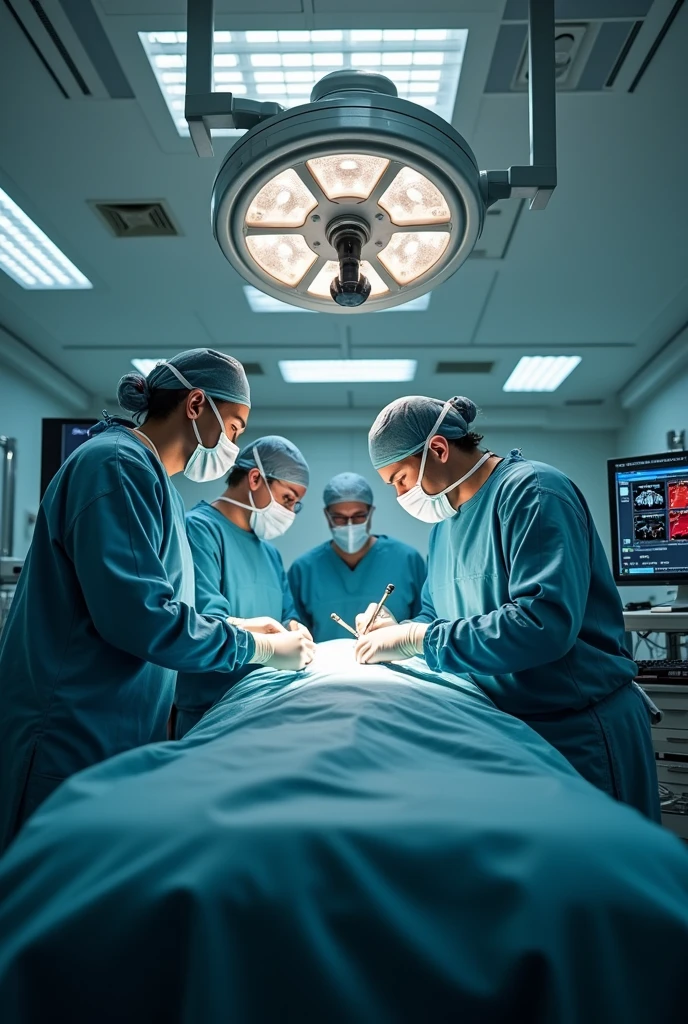 Please draw a cinematic operating room at a 1 point perspective