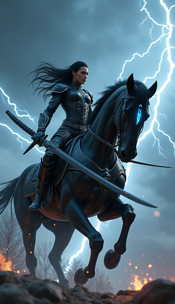 "A dynamic scene featuring Vortex, a male warrior with long black hair and a sleek, futuristic black leather suit. The suit is adorned with silver accents and high-tech details, including glowing lines and embedded gadgets. Vortex is armed with a large, dark sword and is performing a 'Shadow Eclipse' and 'Meteor Shower Barrage,' releasing intense energy from his weapon. He is mounted on a heavily armored horse, equipped with dark metal plating and futuristic elements. The background features a dramatic night sky with frequent lightning bolts, creating powerful contrasts and enhancing the tense atmosphere. Vortex’s suit and the armored horse add a striking futuristic touch to the stormy scene."