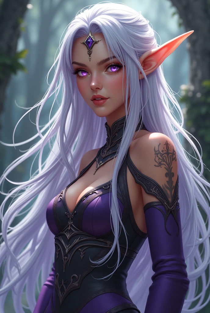 Dnd, female half elf, tan skin, adult, purple eyes, long silver hair , anime