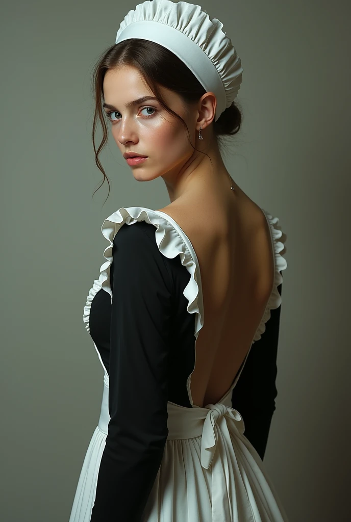 young Amish woman, wearing white maid's hat, exposing waist, much back, back to audience, face inward, turned left, face detailed, surreal, realistic, super sexy