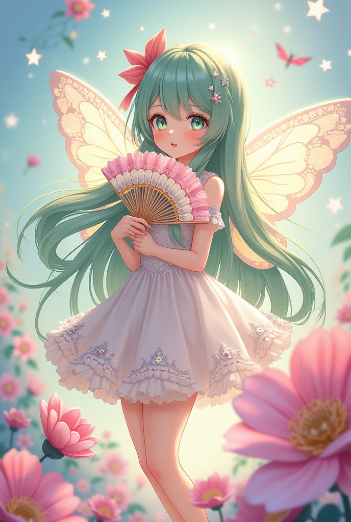 A cute magical illustration of an anime girl with fairy wings, light green long hair amid big pastel flowers and colorful stars, wearing a sparkling dress with lace details, covered in glitter in the style of fairycore, holding a Fan with butterfly wings with fantasy decoration, fantasy background with colorful pattern, playful design --ar 1:1 --v 6.1