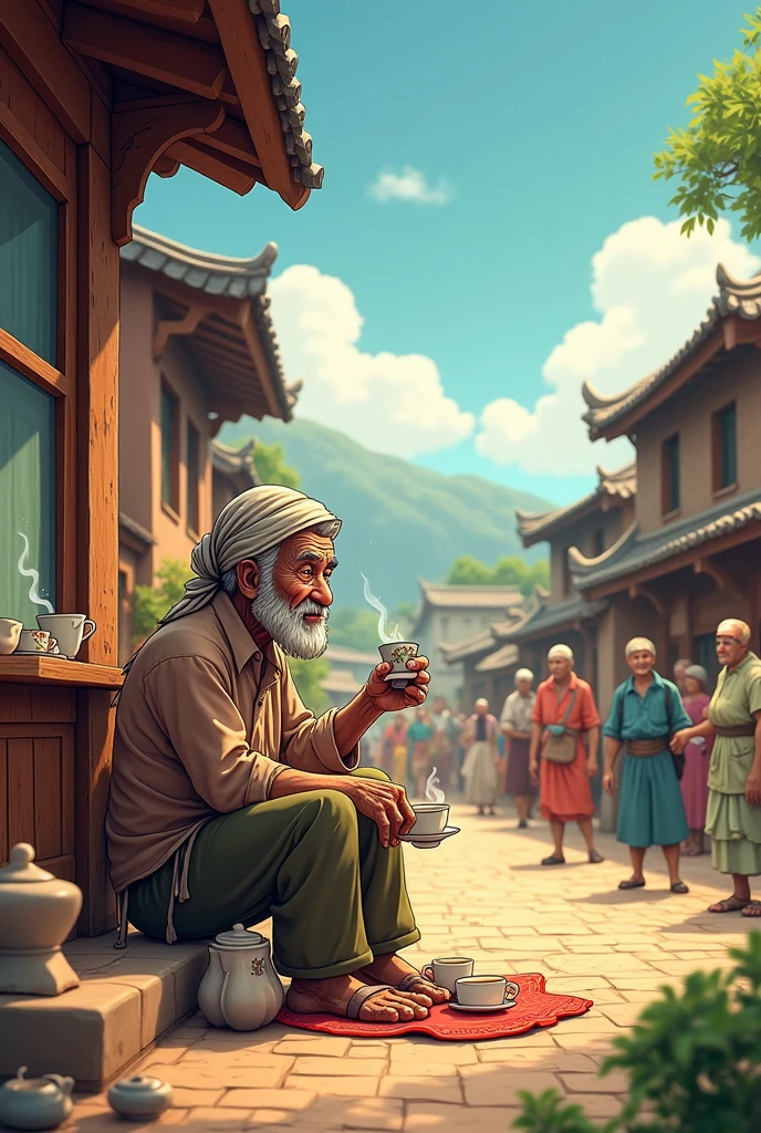 Poor old man wearing rags clothes sit in tea shop on village road show village people they do own work and villagers meet old begger man villagers come together and meet old man cartoon animation
