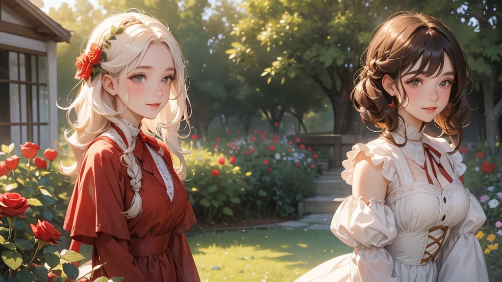 Beautiful peasant gardener, growing red roses; Wearing a beautiful dress from the 1800s, Your hair is curly; Your skin is white; His cheeks are flushed, has a beautiful spontaneous smile on his face; Her hair is light brown; in the scene there is a beautiful garden with bright colors behind it
