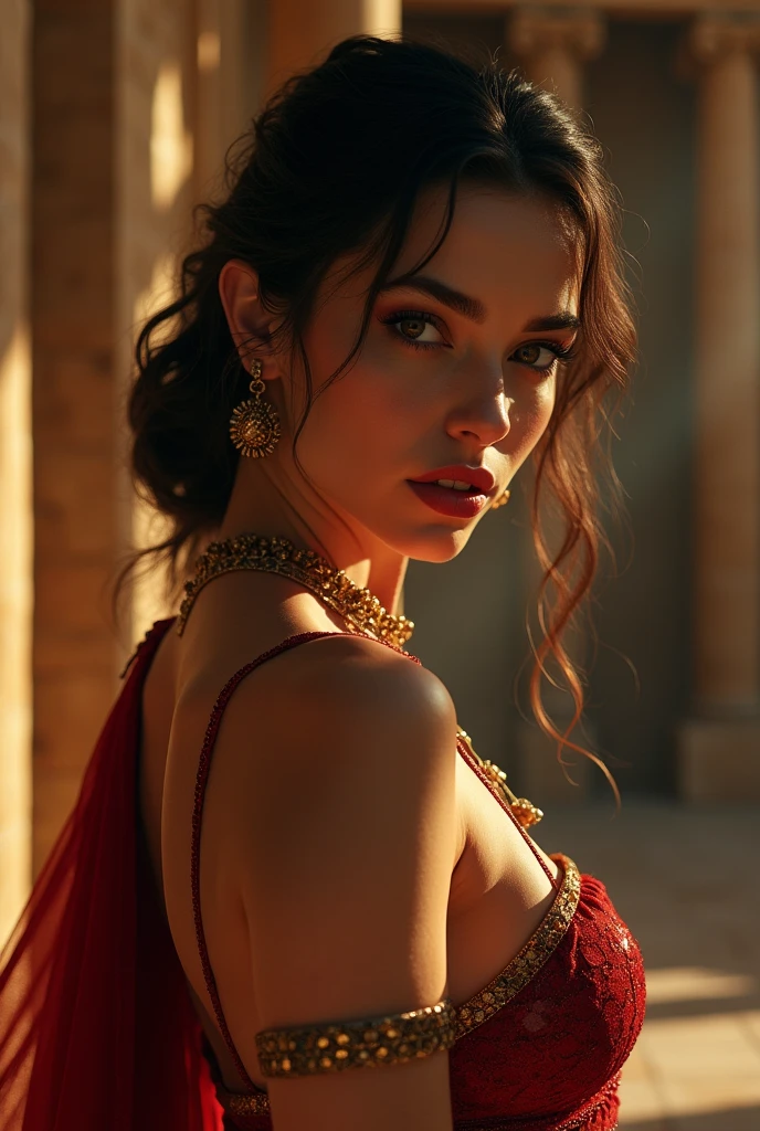 full-body from head to toe of a provocatively dressed ancient Roman prostitute standing in front of her brothel, beautiful detailed eyes, beautiful detailed lips, extremely detailed face and skin, long eyelashes, intricate detailed clothing and jewelry, cinematic lighting, dramatic shadows, warm color tones, photorealistic, masterpiece