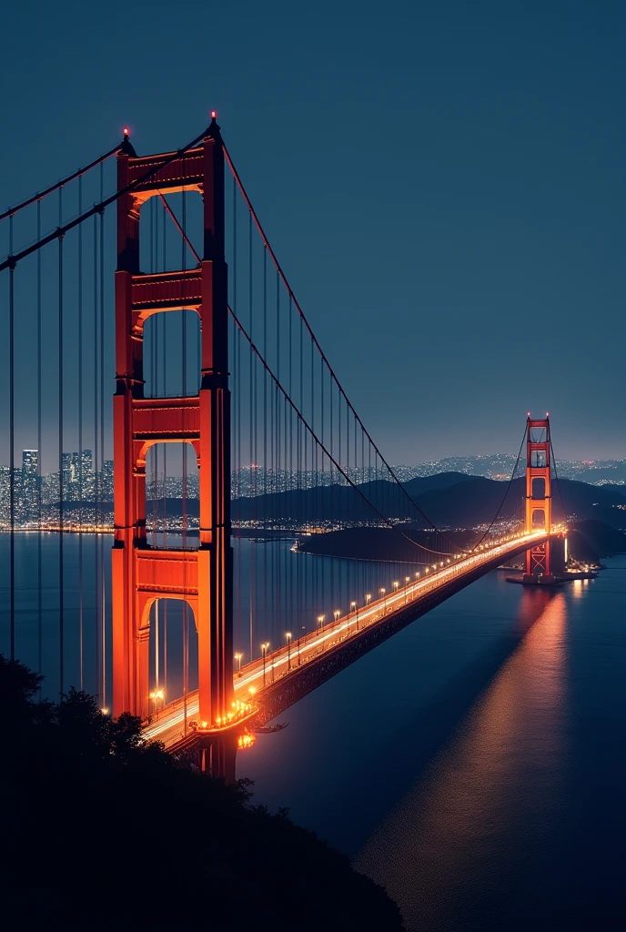 The Golden Gate Bridge, at night, 2 (Towers) In the background the city of San Francisco at night