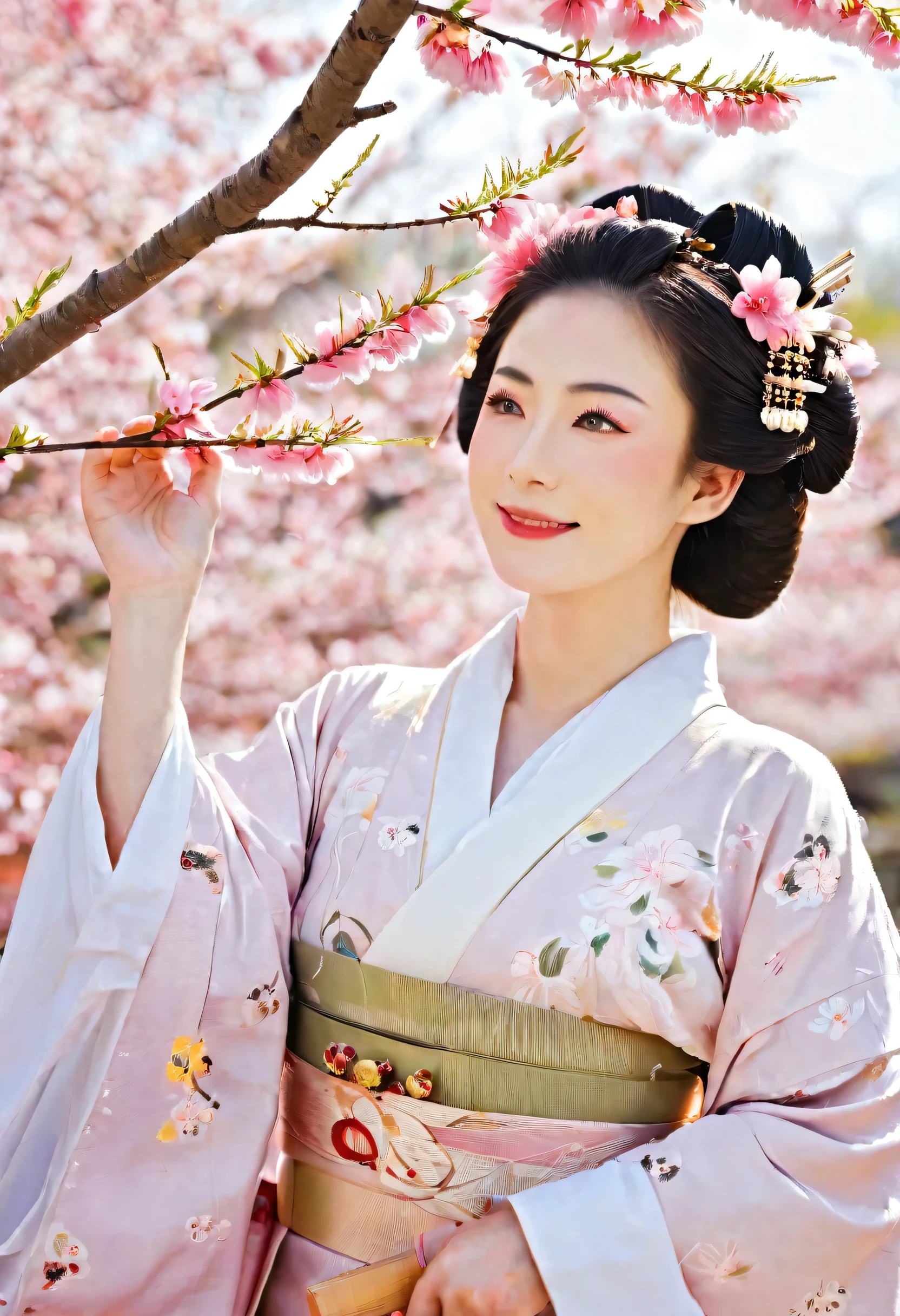 (A geisha stands gracefully under a cherry blossom, Look back and smile: 1.37), Pink cherry blossom petals next々And they scatter, Enlarge your eyes, Straight eyebrows are not only eye-catching、Informal, Cleanse the entire face. Typical Japanese Geisha, Wearing a gorgeous kimono embroidered with red and gold cherry blossoms, This is a long-sleeved kimono, Wearing clogs, Realistic depiction of light and shadow, Realistic and exaggerated photos, super high quality, Super Details, Cinematic shots, Shallow depth of field