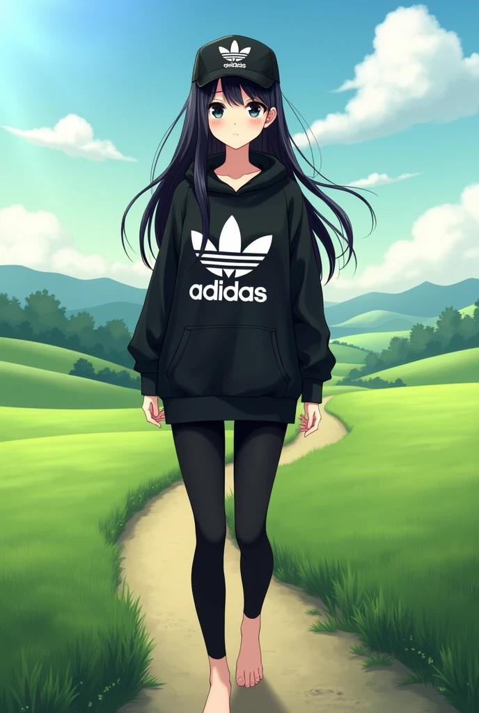 beautiful anime girl, black hair, black eyes, barefoot, wear black adidas cap, wear black adidas hood, wear black adidas leggings, background is countryside