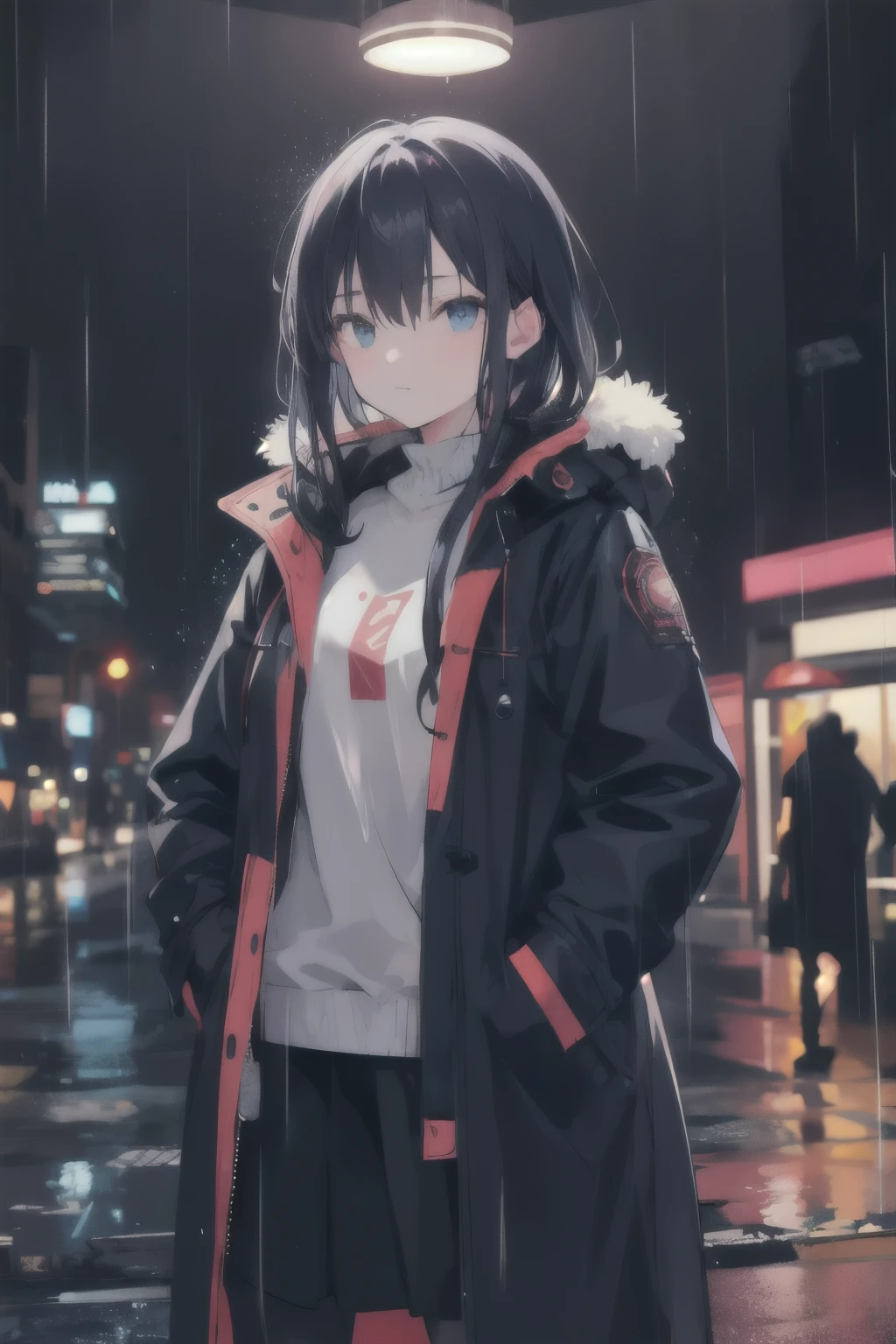 1girl,night city,rain,coat,hands in pockets