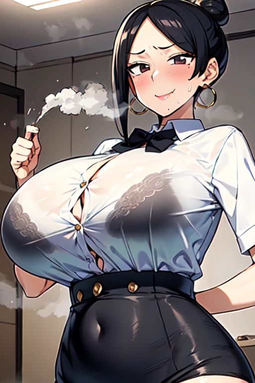 best quality,1girl, Takizawa, solo, black eyes, black hair,  single hair bun,((huge breasts, round breasts,big ,ample breasts)),Slender,(skinny body:1.2),(thin_Waist:1.2),Skinny but big breasts,earrings, mature female,  mole under mouth,(school uniforms:1.2),(Close the buttons on clothes),(Buttons that are likely to come off),cosplay,Black tights,(breast focus,wide tits),In heat,(Bewitching Smile),(My breasts are shaking:1.1),((bouncing breasts)),Hourglass Shape,(hands on breast),Emphasize large breasts,blush,(steam:1.2),(Heavy breathing),from below,Shiny skin,See-through bra,The clothes are see-through and the bra is visible