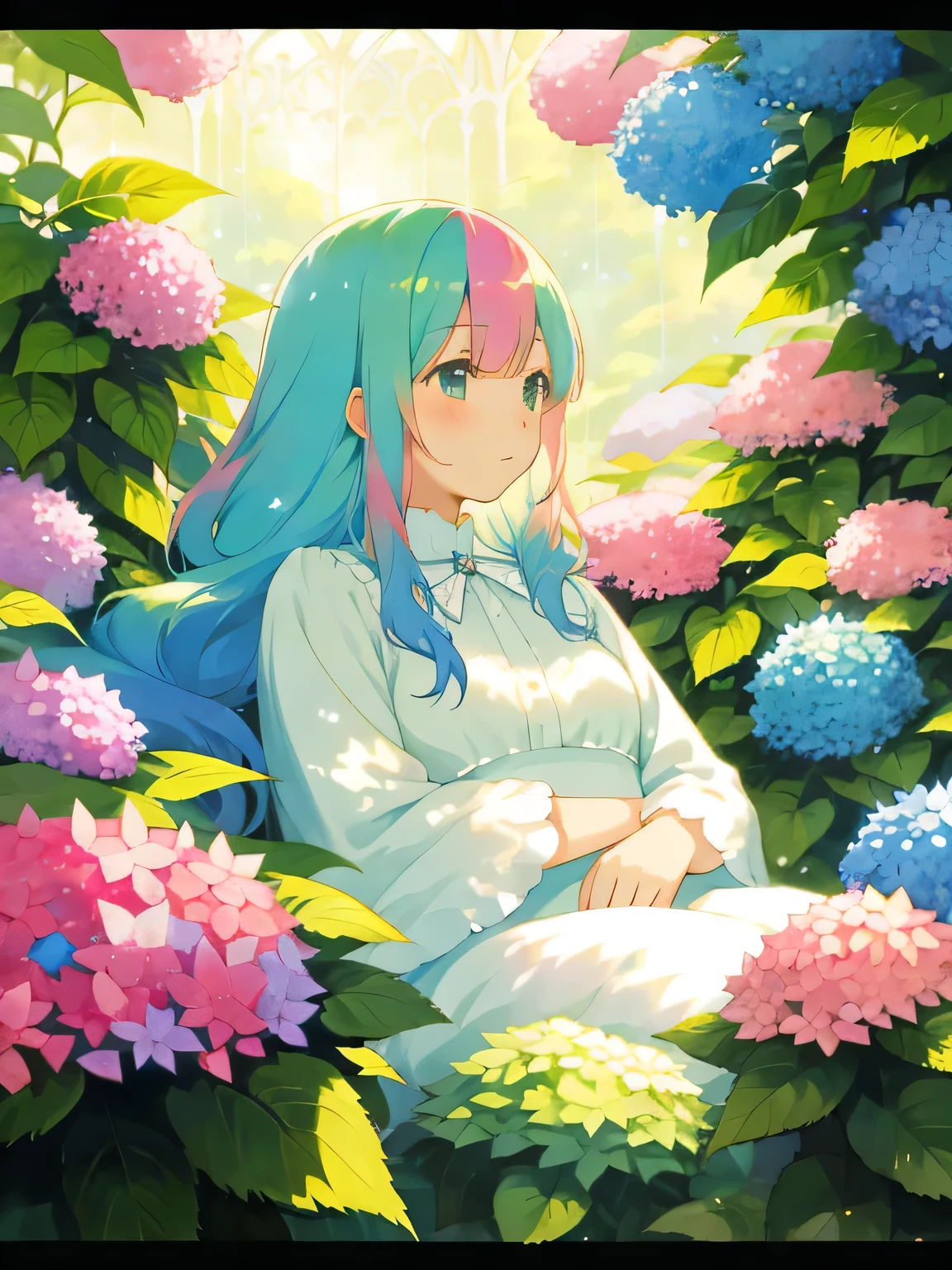 A beautiful anime girl with rainbow hair and eyes is resting in a magical garden. She is surrounded by pastel hydrangeas, And a double rainbow hangs over the scene. Light and dreamy style, Soft focus and ethereal texture.