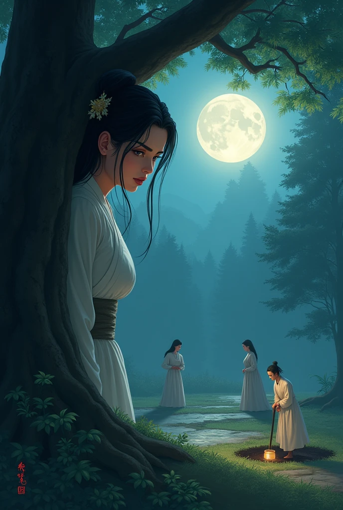 A beautiful young woman with a fierce expression in black, disguising the fierce face of a Han Fu Dynasty official, stood talking to the three princesses. She was peeking from the side of a large tree in the forest, watching a young man in white digging a hole to bury a jar of wine in the middle of the forest. The atmosphere was quiet, illuminated by the moonlight.