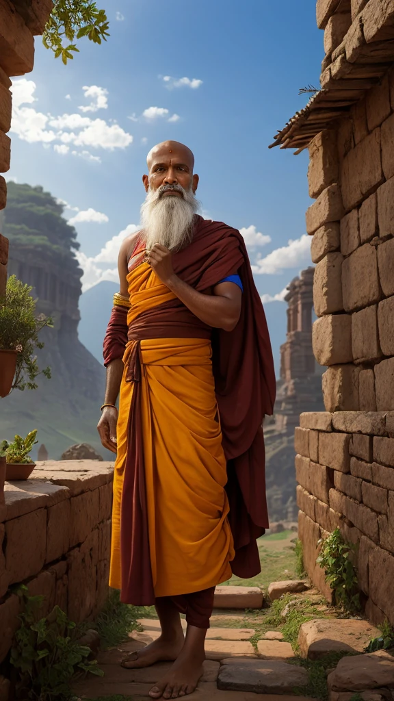 Indian prophet .ancient monk's clothes. the face is clearly visible. you can see all the details.4K. is sitting.background futuristic temple. all the colors are bright and eye-catching