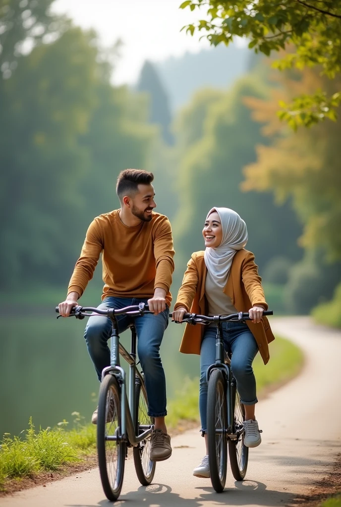A handsome man with buzz cut hair and tan    skin without a mustache or beard aged 20 years old is cycling with a beautiful white woman wearing a hijab aged 1. They laugh happily around the lake