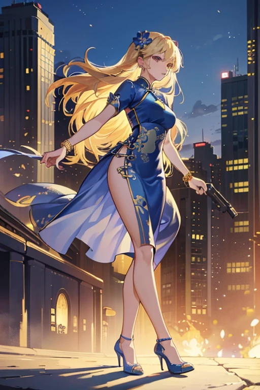 Highest quality,high resolution,comics,(Cel animation style),A woman is standing alone,30 year old Asian female,(Long blonde hair),((Blue Chinese Dress)),((Blue heels)),((1 holding a gun.6)),(Hibiscus hair accessory),(Beautiful face with slits 1.3)，(gold bracelets on both wrists),Beautiful Style,Slender body,(Large Breasts),((City Background))