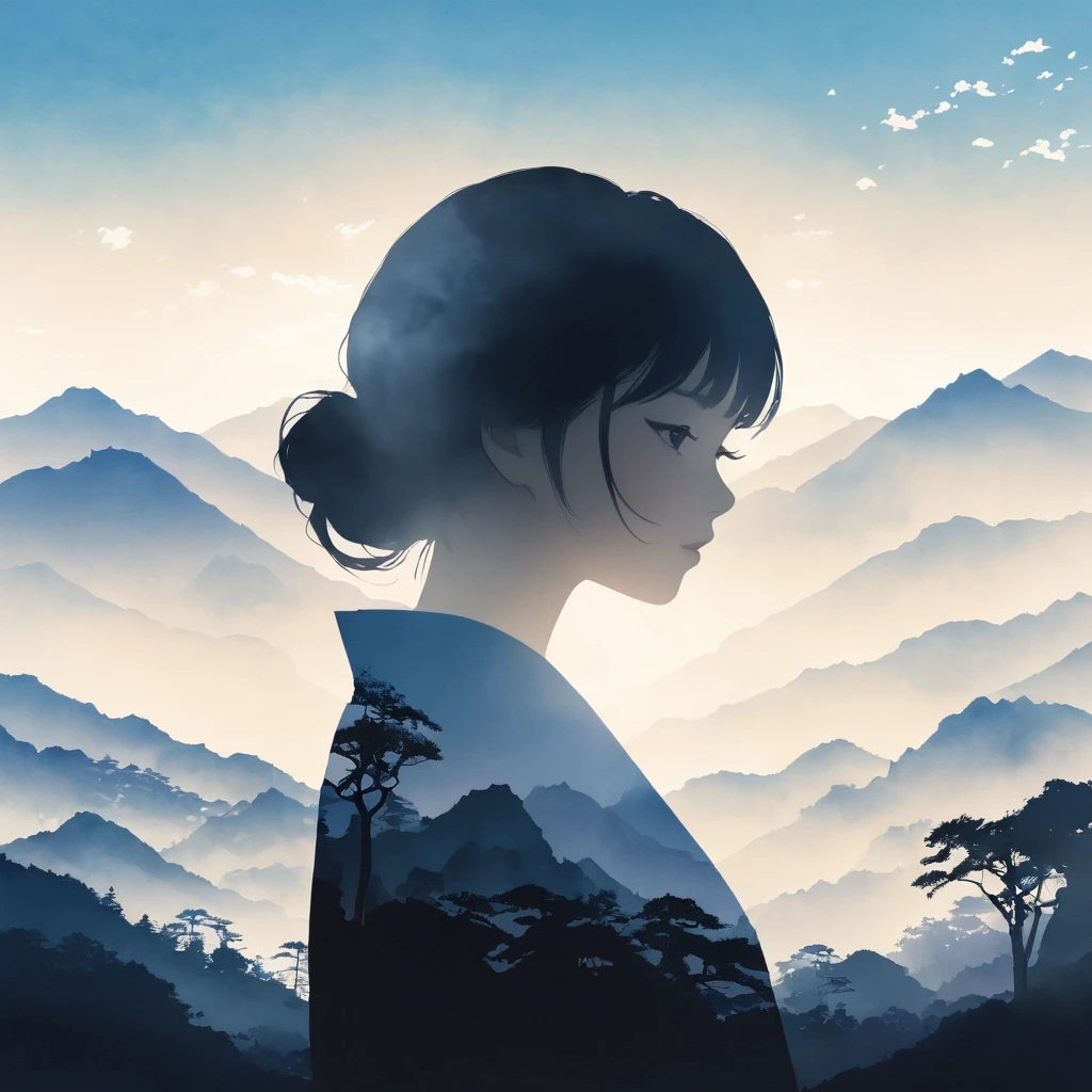 Silhouette of a girl, Lots of Japanese scenery , modern japanese landscape, close, Double exposure, White Background