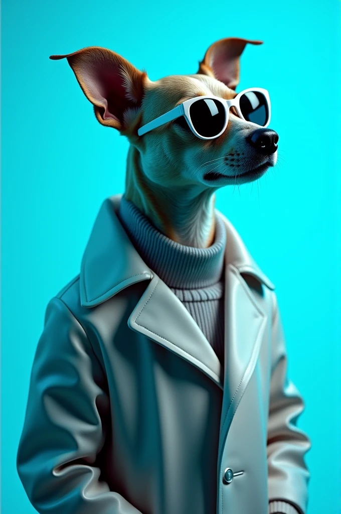 The best cell phone wallpaper, Award-Winning Wallpaper, portrait photography, In the front view is a portrait of a cute dog wearing mid-1960s space age fashion, Side view photo, Shot with Canon EOS R5, Set a strong contrast that accentuates the subject, Fluorescent blue tone, Wearing a very modern coat and sunglasses is a modern 1960s style, Clothes all in one color, beautiful background