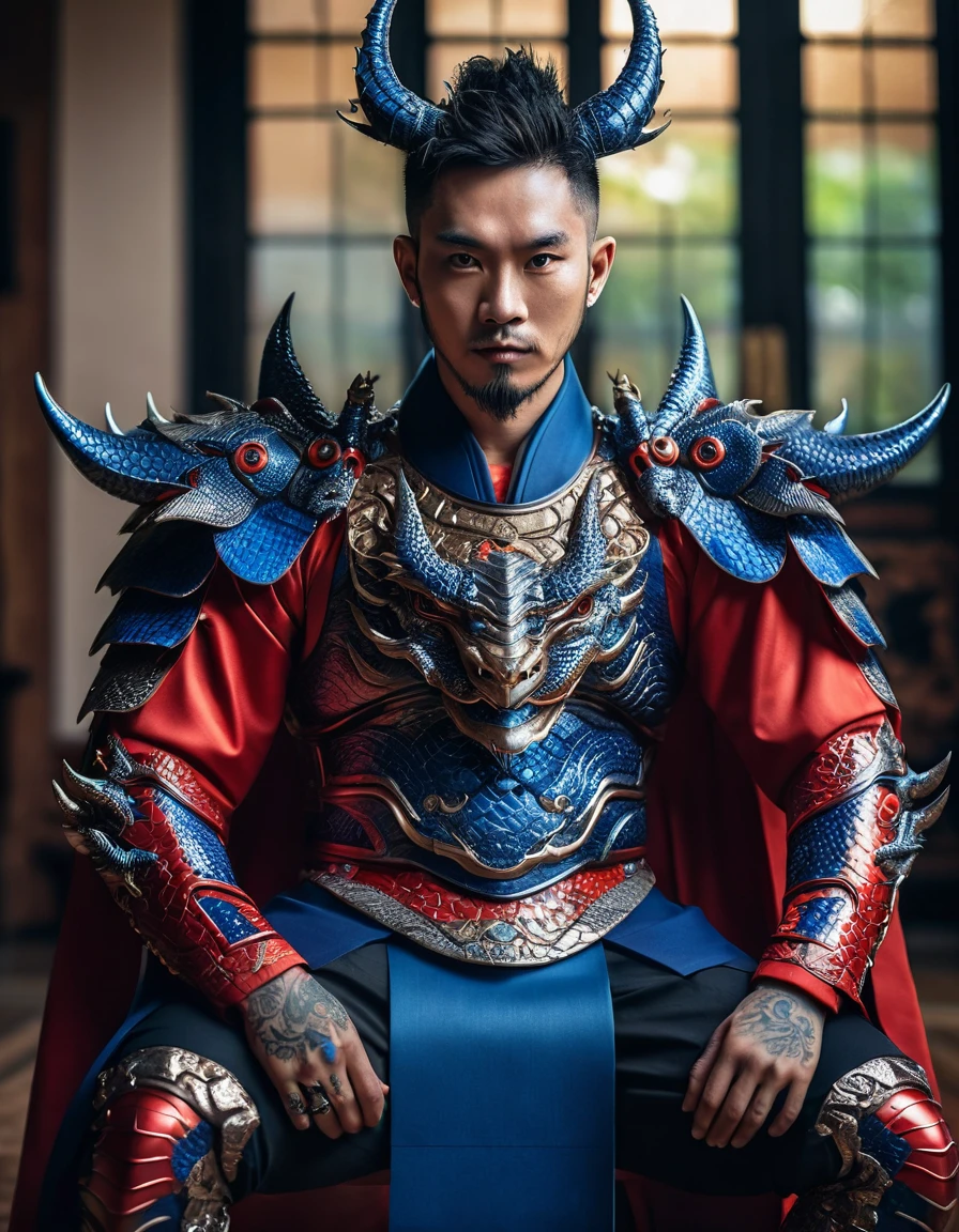 handsome man wearing open black white plated kimono,cool dragon tattoo on body,sitting on fierce ant god king in red blue cyborg armor,natural lighting,(direct light:0.4),8mm film grain,photographed on sony a9 II,24mm lens,f/2.8 aperture,deep focus,(best quality,4k,8k,16k,highres,masterpiece:1.2),ultra-detailed,(realistic,photorealistic,photo-realistic:1.37),extremely detailed face and eyes,hyperrealistic,cinematic,dramatic lighting,intricate details,rich colors,highly detailed