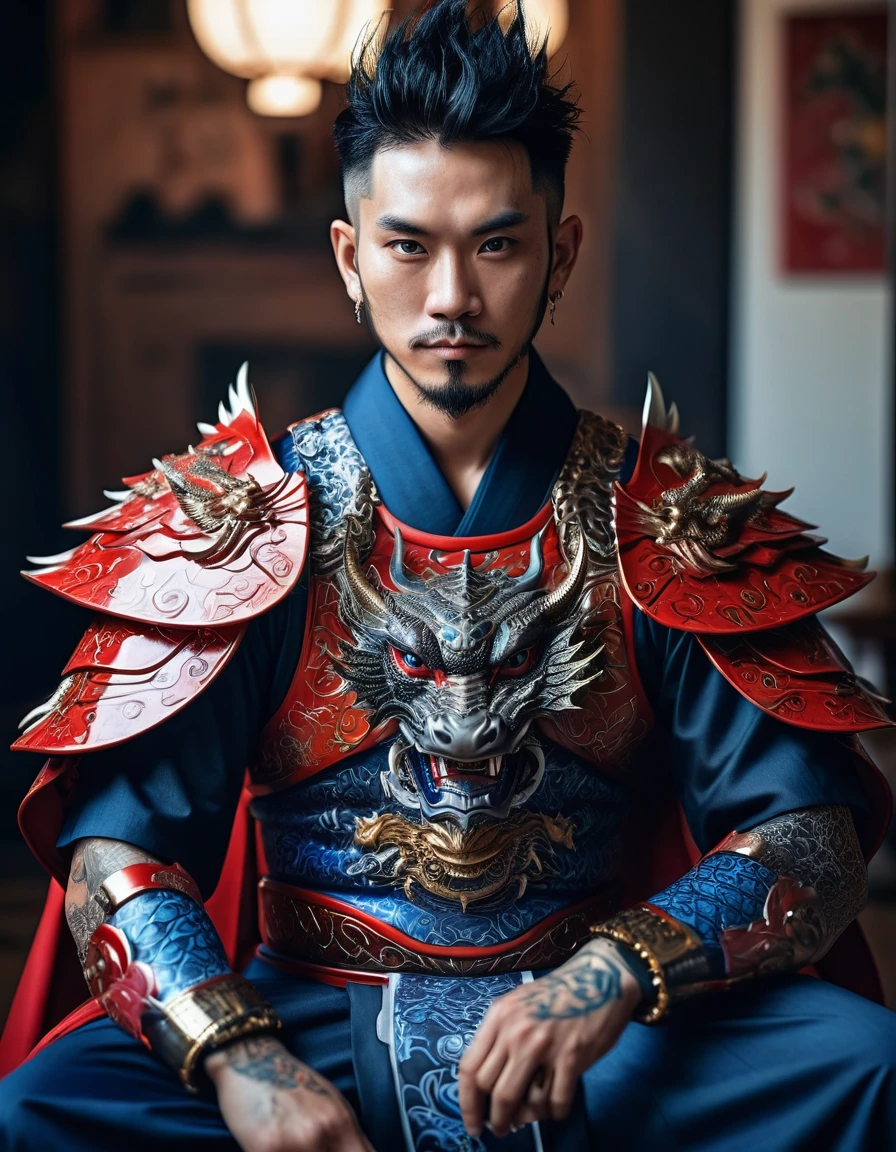 handsome man wearing open black white plated kimono,cool dragon tattoo on body,sitting on fierce ant god king in red blue cyborg armor,natural lighting,(direct light:0.4),8mm film grain,photographed on sony a9 II,24mm lens,f/2.8 aperture,deep focus,(best quality,4k,8k,16k,highres,masterpiece:1.2),ultra-detailed,(realistic,photorealistic,photo-realistic:1.37),extremely detailed face and eyes,hyperrealistic,cinematic,dramatic lighting,intricate details,rich colors,highly detailed