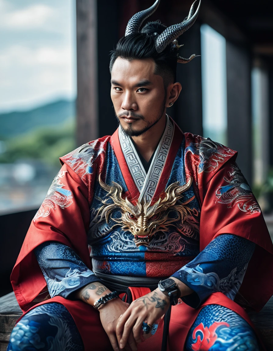 handsome man wearing open black white plated kimono,cool dragon tattoo on body,sitting on fierce ant god king in red blue cyborg armor,natural lighting,(direct light:0.4),8mm film grain,photographed on sony a9 II,24mm lens,f/2.8 aperture,deep focus,(best quality,4k,8k,16k,highres,masterpiece:1.2),ultra-detailed,(realistic,photorealistic,photo-realistic:1.37),extremely detailed face and eyes,hyperrealistic,cinematic,dramatic lighting,intricate details,rich colors,highly detailed