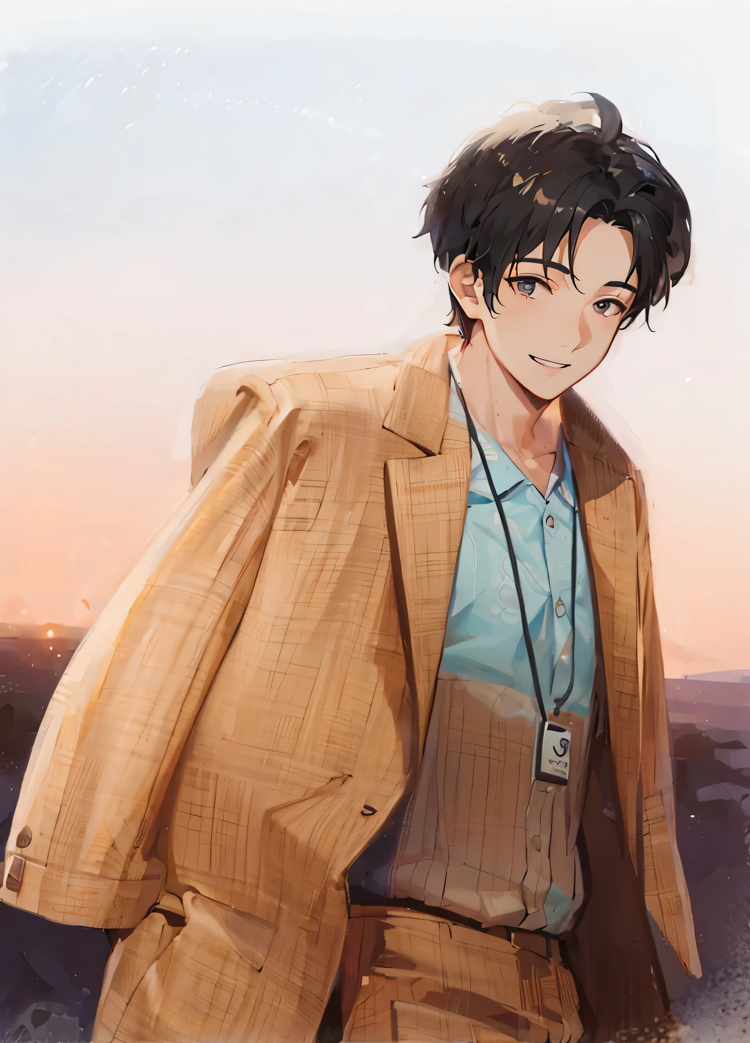 Highest quality、Young man looking up at the night sky、smile、profile、Hawaii、Palm tree、Resort hotels、Wearing an Aloha shirt、Black Hair、1 male