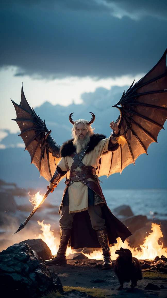 Create a visually striking and dramatic thumbnail image for "Odin’s Fury: The Raid on Lindisfarne." The scene should capture the peak moment of the Viking raid, with a focus on a central Viking warrior standing at the forefront, wielding a bloodied axe and roaring with battle fury. His armor is detailed, with intricate Norse engravings and a wolf-pelt cloak. Behind him, Viking longships with fierce dragon-headed prows are anchored near the rocky shore, where flames and smoke rise from the burning monastery of Lindisfarne. The sky is dark and ominous, filled with storm clouds and flashes of lightning, highlighting the wrath of Odin. Ravens circle above, their wings outstretched as if guiding the warriors. The warrior’s eyes should glow faintly with a supernatural light, emphasizing the divine rage fueling the raid. The overall color scheme should be a dramatic mix of fiery oranges, deep blacks, and cold metallics, with high contrast to make the scene pop as a thumbnail. The title "Odin’s Fury" should be boldly displayed at the bottom in an ancient runic font, glowing with a subtle golden aura that catches the eye.