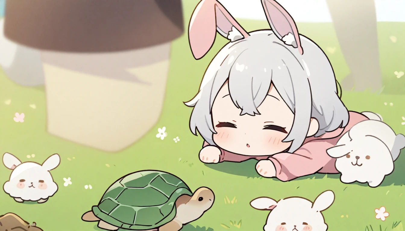 Girl、美Girl、Silver Hair、Sleeping、Cute gestures、Rabbit costume、grassland、Chibi Character、Masterpiece、anime、There is a turtle in the background
