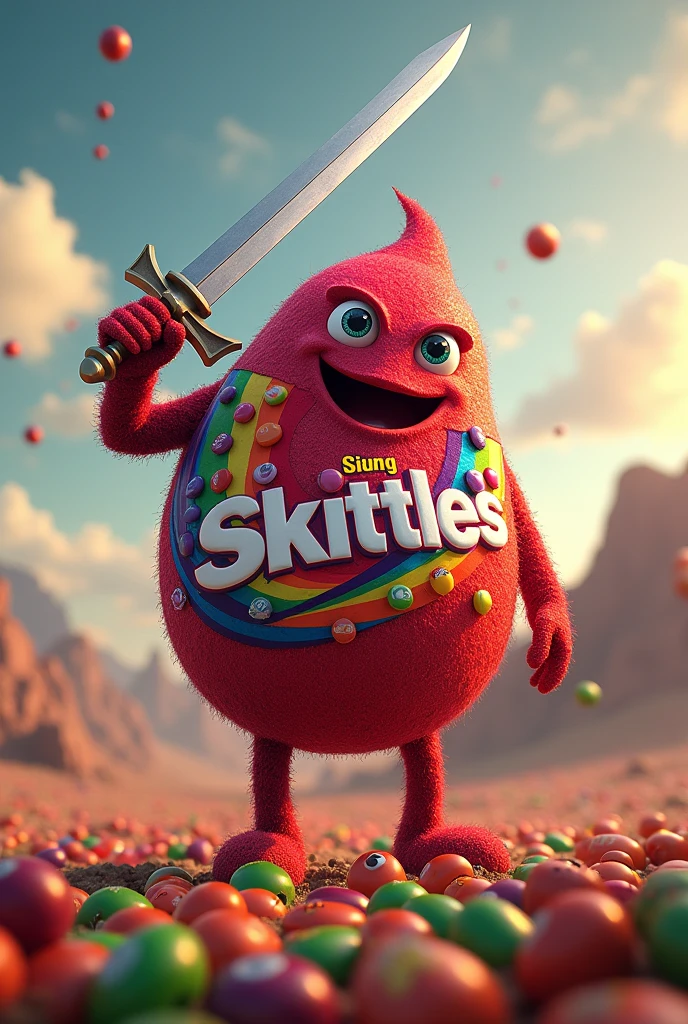 Skittles candy , sword in hand . Cinematic ,
Horizone font