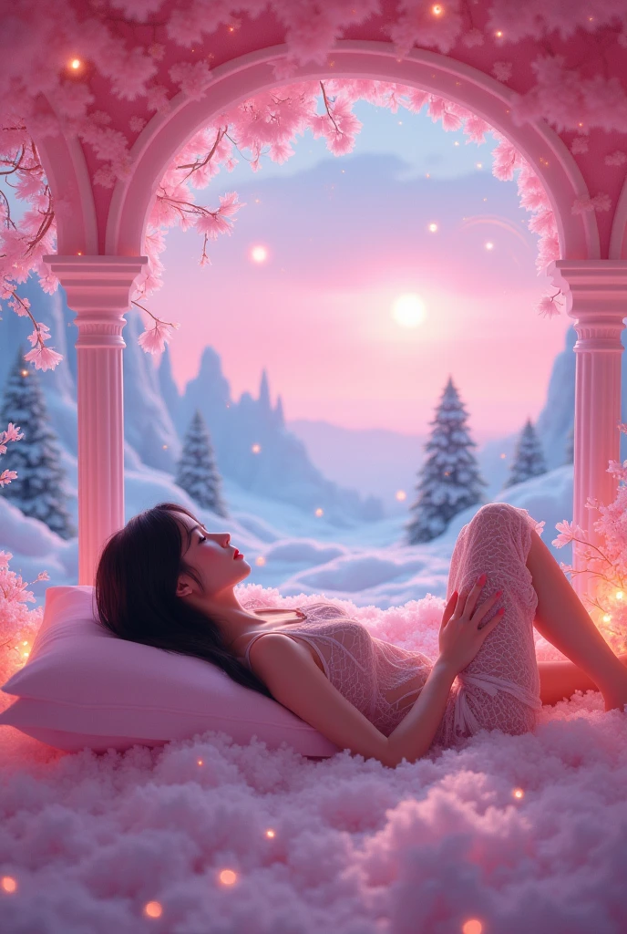 Transparent lace pajamas，Japanese cute woman、barbie dream bed，Lying in bed、(Fluorescent Color:1.4)、(translucent:1.4)、(Retro filter:1.4)、(fantasy:1.4)、Candy world Disney fantasy fluffy soft scenery forest snow avatar pink sky green blue glow dreamy lights soft soft glow rainbow stars diamond glitter gem background surreal ultra hd movie lighting huge details full hd full light、
