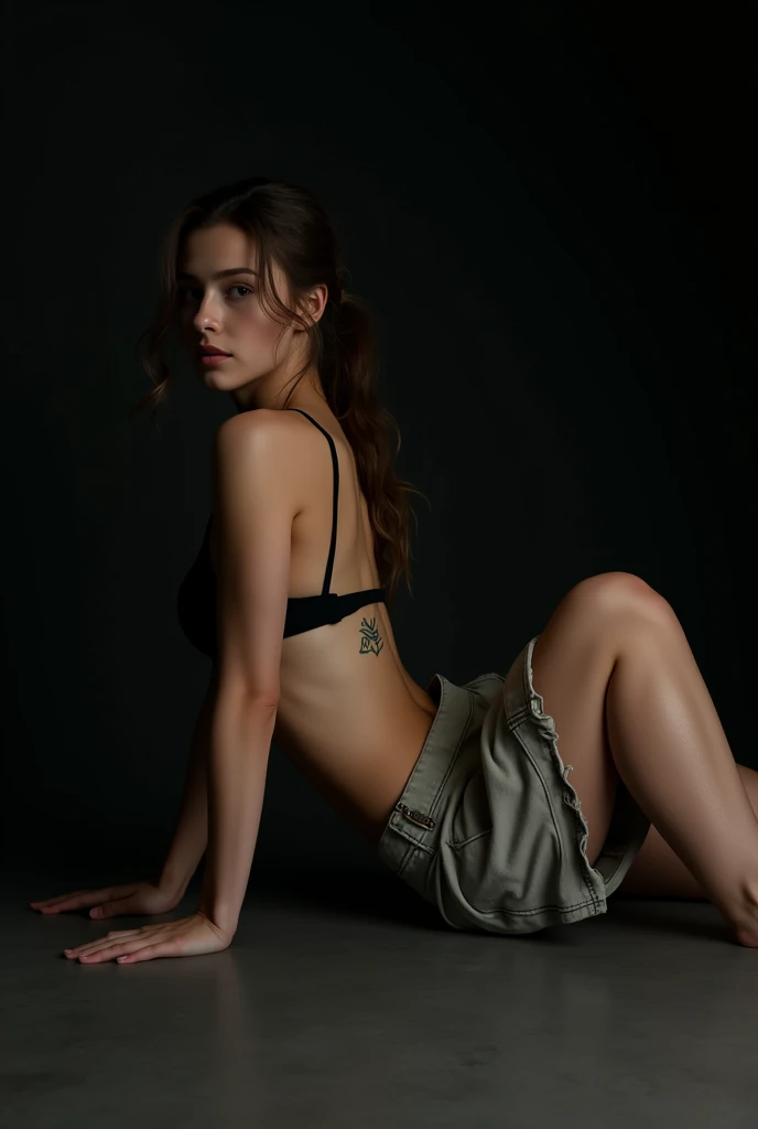 young woman, model, European, thin, pale, short pants, crop top, tattoo, fotoshooting, dark background, side view, lies on the ground,