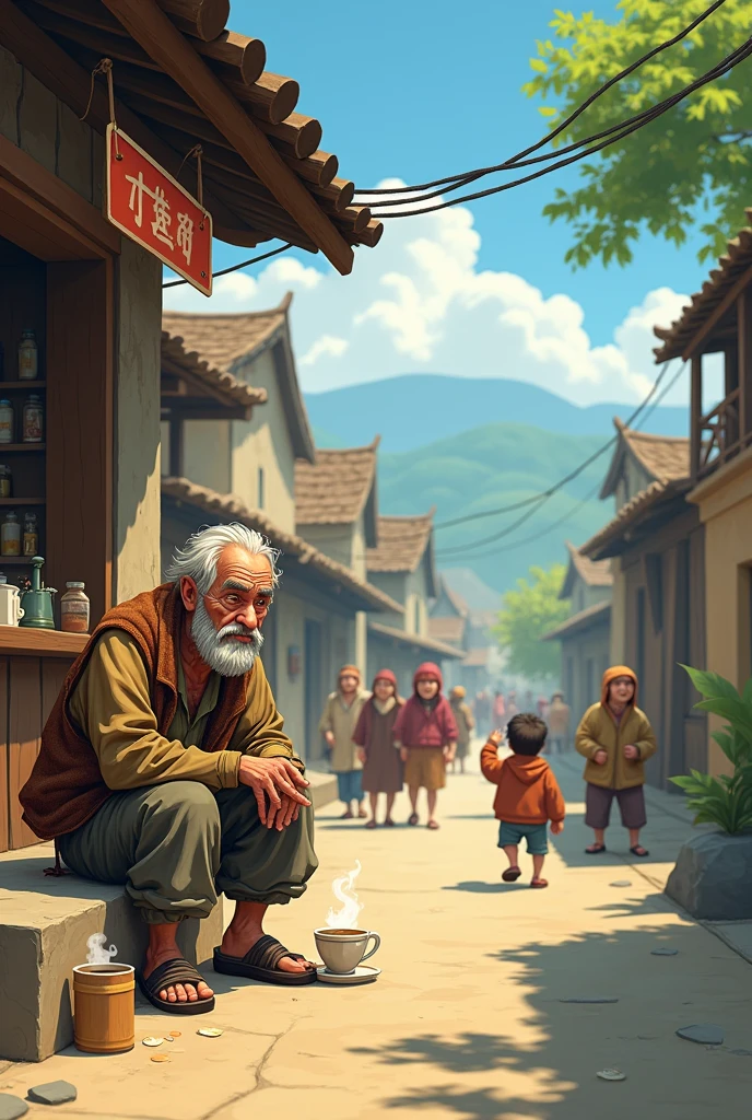 Poor old man wearing rags clothes sit in tea shop on village road villagers meet old begger man villagers come together and meet old man one by one cartoon animation 