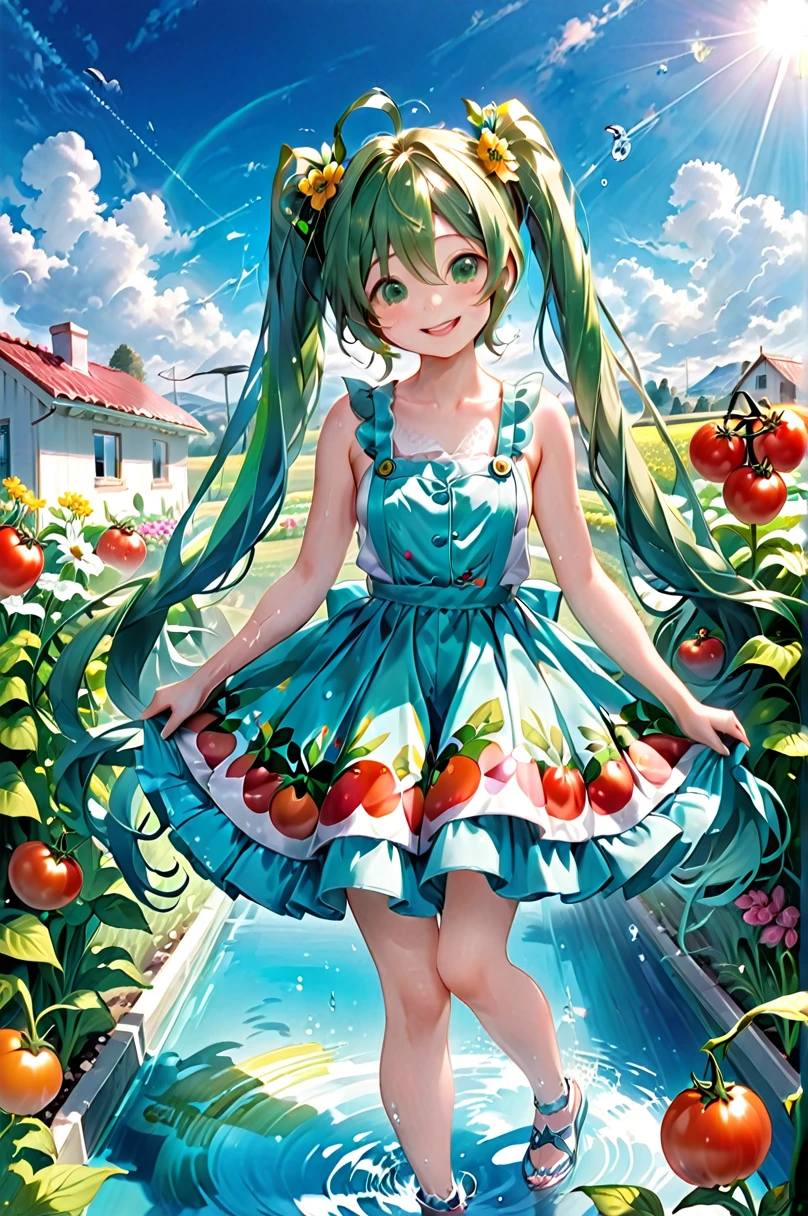 One beautiful girl、Hatsune Miku、Virtual Singer、Appeal your whole body、Taking Action、/She is work in the garden /Green Eyes、long green hair、Hydroponic cultivation、Shining with a smile in the countryside、Flowers with a watering can々Water the、laugh、Take care of the flowers、Very cute smile、The flowers grow vibrantly、Miku is lettuce、basil、tomato、A girl who likes growing vegetables such as perilla leaves、Blue sky, white clouds and houses in the distance