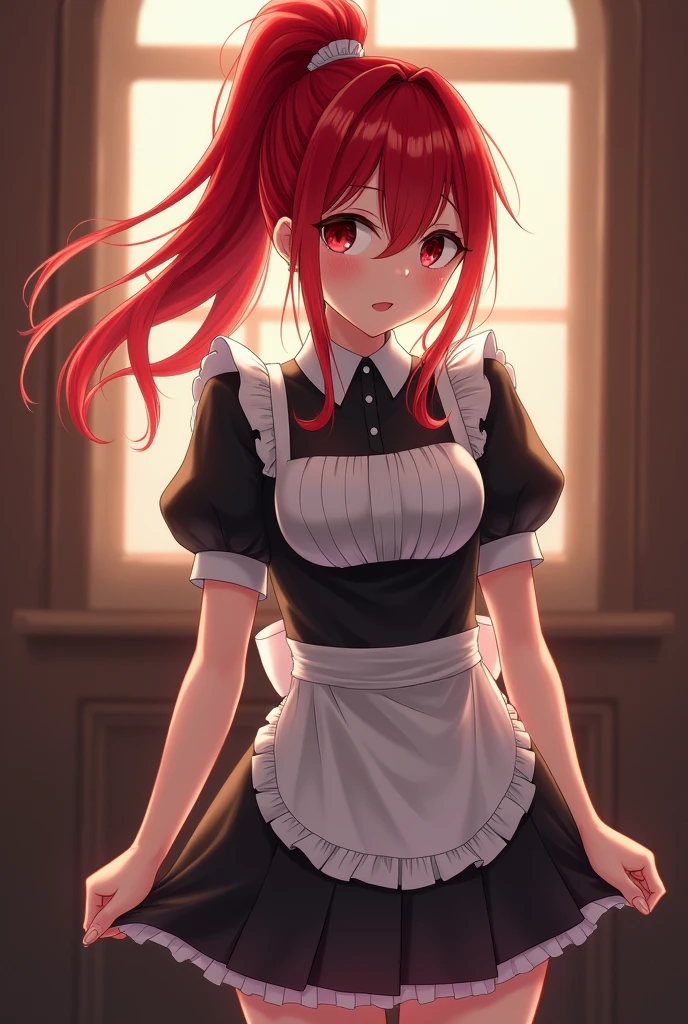 Red hair, ponytail, red eyes, maid outfit, View from behind, skirt lift, blushing, wet panties