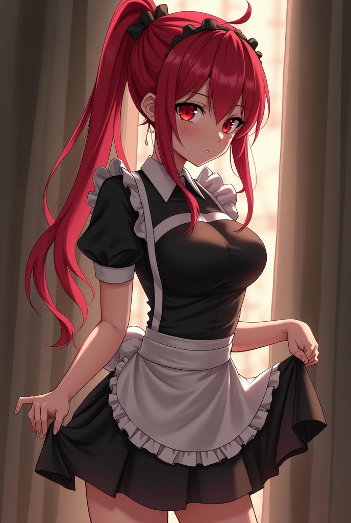 Red hair, ponytail, red eyes, maid outfit, View from behind, skirt lift, blushing, wet panties