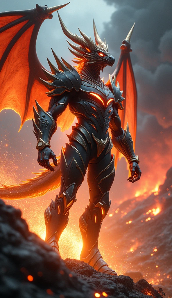 "A dramatic fusion scene where Vortex, in his futuristic black leather suit, merges with the mighty Bahamut. The transformation is visually striking, with Vortex's suit evolving into an ornate, dragon-themed armor with intricate patterns and glowing elements. Bahamut's immense form is integrated into the armor, with dragon wings extending from Vortex’s back and fiery energy coursing through the suit. The background is a fiery, apocalyptic landscape with erupting volcanoes and dark, stormy skies, highlighting the immense power of the fusion. The scene captures the intensity and grandeur of the combined forces, with both futuristic and mythical elements blending seamlessly."