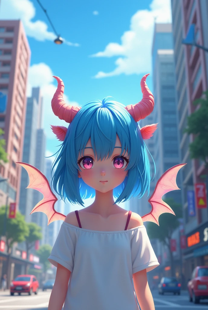 Anime girl with blue hair and horns on the street, 3D realistic animation, 2. 5D CGI anime fantasy artwork, Anime style 3d, Anime style. 8K, 4k Anime style, 3d style realistic anime, deviantart artstation cgscosiety, Digital Animation Art, guweiz style art, detailed Digital Animation Art, White shirt, Dragon Wings