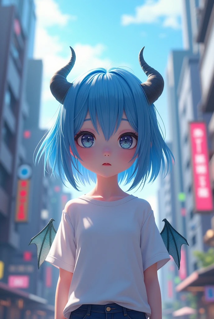 Anime girl with blue hair and horns on the street, 3D realistic animation, 2. 5D CGI anime fantasy artwork, Anime style 3d, Anime style. 8K, 4k Anime style, 3d style realistic anime, deviantart artstation cgscosiety, Digital Animation Art, guweiz style art, detailed Digital Animation Art, White shirt, Dragon Wings