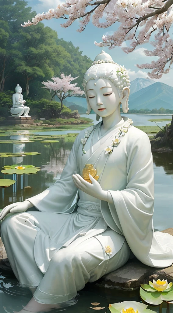 (masterpiece),(best quality),(Ultra-detail), (Body:1.2), 1 Buddha-Statue, floating in a powerful Zen state, with lotus flowers, White skin, Amitayus, Sitting on a lotus flower, Chant the name of Buddha with both hands, temple, wear an outfit, White skin, face round, kid, soft, seek, Mountains, green trees, Cherry blossoms, woods, Birds, clouds, yes, En plein air, bright, fresh, Green, White skin, (beautiful detailed face), (eyes closed), (surrealism),