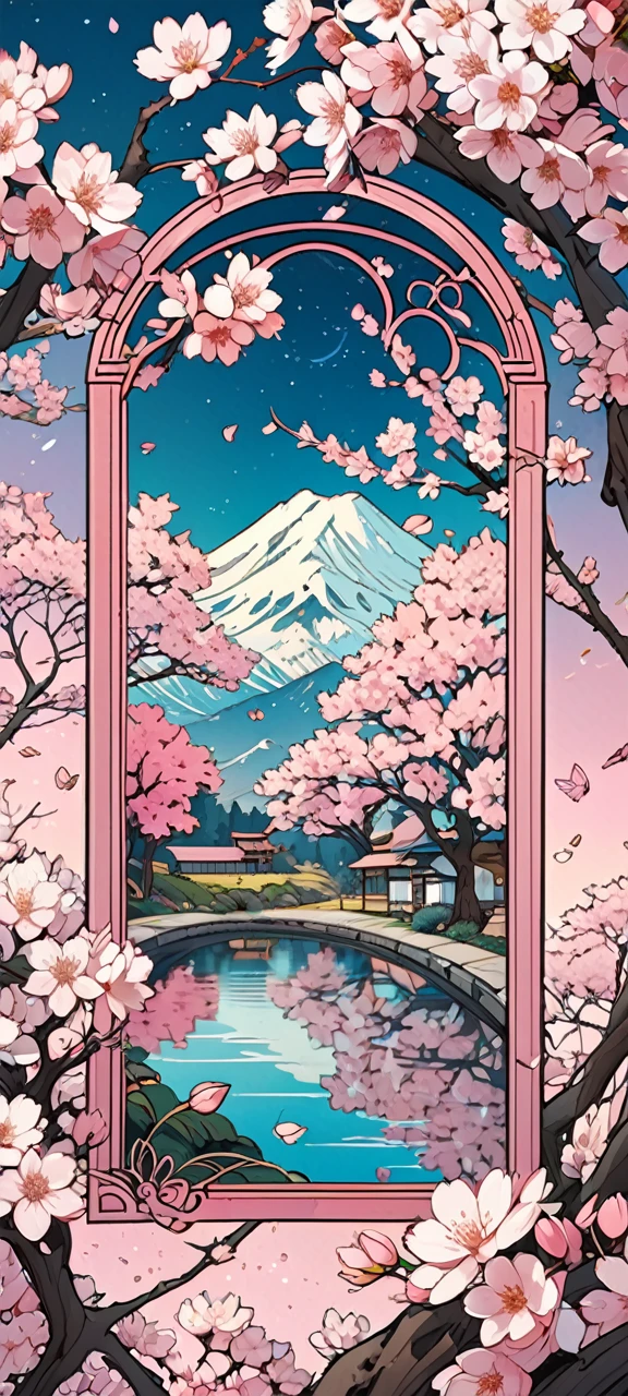 Beautiful book Cover style art. Pink cherry blossoms aesthetic. 