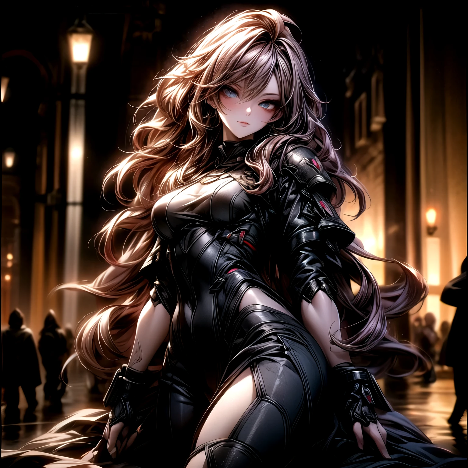 (best quality)), ((Masterpiece)), (details:1.4), 3d, HDR (high dynamic range), an image of a beautiful cyberpunk female, Hips up, cyberpunk, medieval, red hair, long hair, beautiful White eyes, จมูกโด่ง, ปากแดง, หน้าอกใหญ่, nvidia RTX, PBR surface, After processing, Anisotropic filtration,depth of field, Maximum clarity and clarity, multi-layered surface, Subsurface scattering, perfect proportions, 8K raw files, ultra detailed, Perfect proportions, volumetric lighting, soft lighting, Holy Paladin, Heavy Black Armor, glossy skin, street background, jewely, ต่างหู, นิ้วมือสมบูรณ์,
