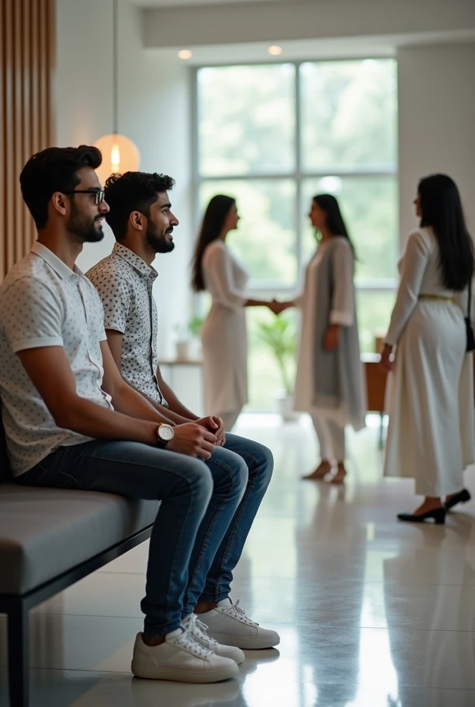 Two young men are waiting for their girlfriends in the reception area of ​​the office. One of the young men is wearing a white printed shirt, jeans, white shoes and smart watch and the other is wearing a white full sleeve t-shirt, jeans, glasses and black sneakers. His girlfriend comes there wearing a white Indian suit, black pallu, white shoes and glasses. Then she shakes hands with both the boys.