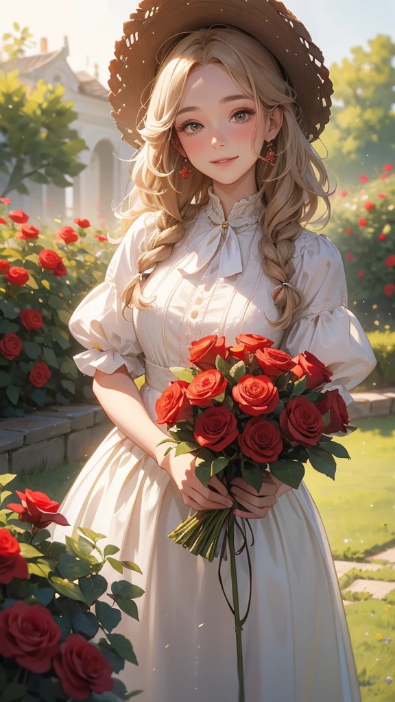 Beautiful peasant gardener, growing red roses; Wearing a beautiful dress from the 1800s, Your hair is curly; Your skin is white; His cheeks are flushed, has a beautiful spontaneous smile on his face; Her hair is light brown; in the scene there is a beautiful garden with bright colors behind it