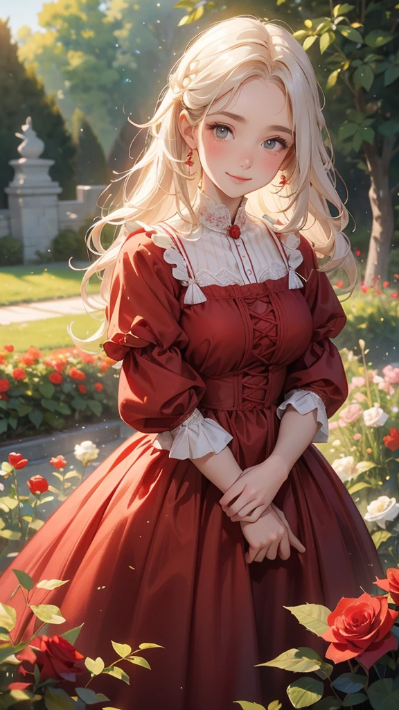 Beautiful peasant gardener, growing red roses; Wearing a beautiful dress from the 1800s, Your hair is curly; Your skin is white; His cheeks are flushed, has a beautiful spontaneous smile on his face; Her hair is light brown; in the scene there is a beautiful garden with bright colors behind it