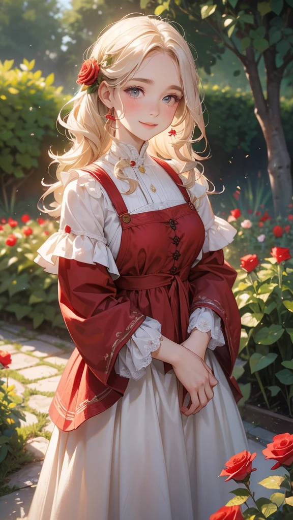 Beautiful peasant gardener, growing red roses; Wearing a beautiful dress from the 1800s, Your hair is curly; Your skin is white; His cheeks are flushed, has a beautiful spontaneous smile on his face; Her hair is light brown; in the scene there is a beautiful garden with bright colors behind it