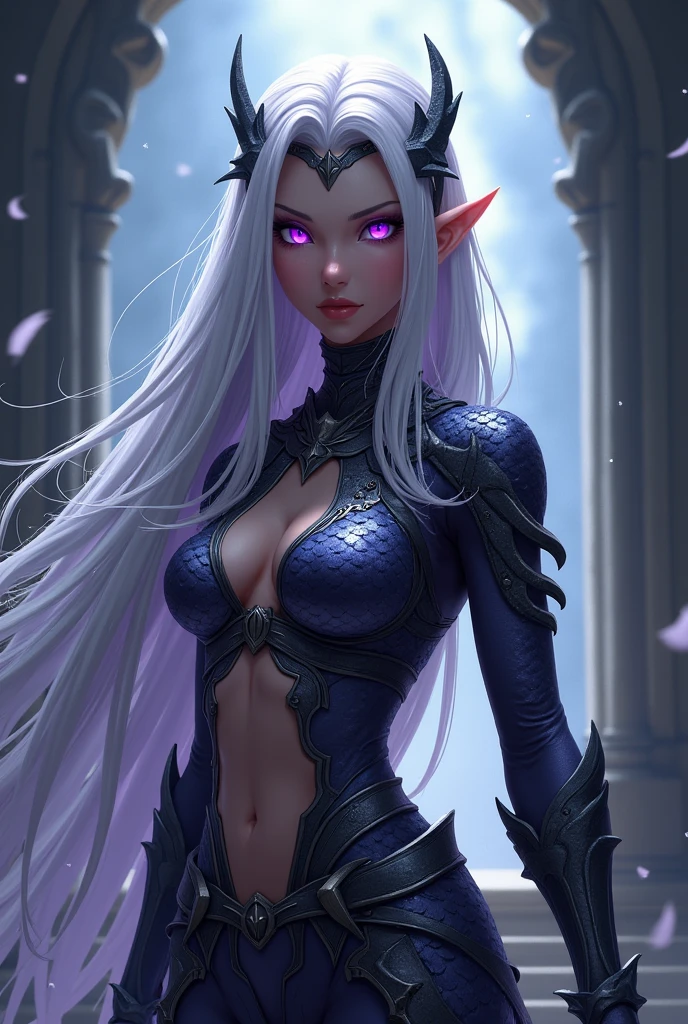 Dnd, female half elf, dark skin, adult, purple eyes, long silver hair , anime, dragon scales 