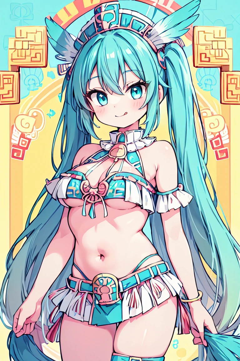 aqua eyes, aqua hair, crossed bangs, hair between eyes, long hair, twintails, aztec, beautiful, smile, smug face, tongue, medium breast, tuft, bare legs, bare shoulders, bare arms, hat with feathers, aztec theme,  look at viewer, tribal feathers in head, cleavage, belly button , tribal theme, bikini