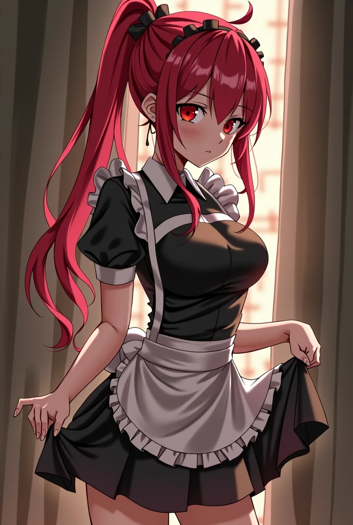 Red hair, ponytail, red eyes, maid outfit, View from behind, skirt lift, blushing, wet panties