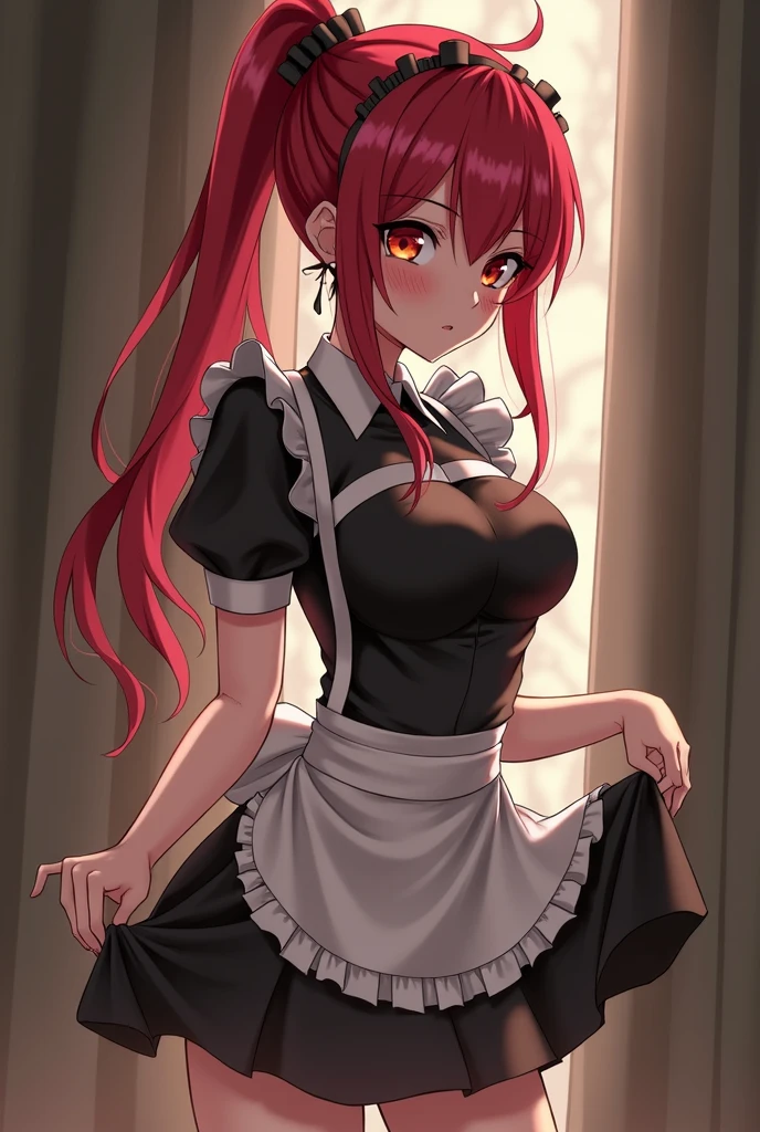 Red hair, ponytail, red eyes, maid outfit, View from behind, skirt lift, blushing, wet panties