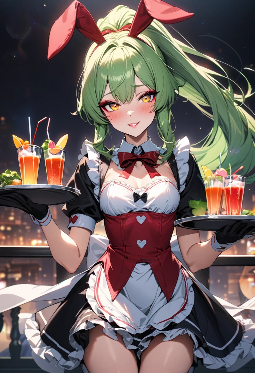 (ecstasy Beasts style), (pov), (solo:2, 15 yo), (beautiful ponytail) (glossy beautiful green hair long hair) (beautiful cute beasts bunny girl), (glossy lip, love smile), (((makeup red color eye shadow))) (best cute yellow eyes), (medium:1.2 tits), beautiful detailed maid uniform, bunny ear hair band, break, Tray with drinks put on up hand, break, in the night, in the Gorgeous Lounge, background beautiful night sky, BREAK, perfect anatomy, masterpiece, best quality, 16k, beautiful detailed Dim, daydreaming expression.