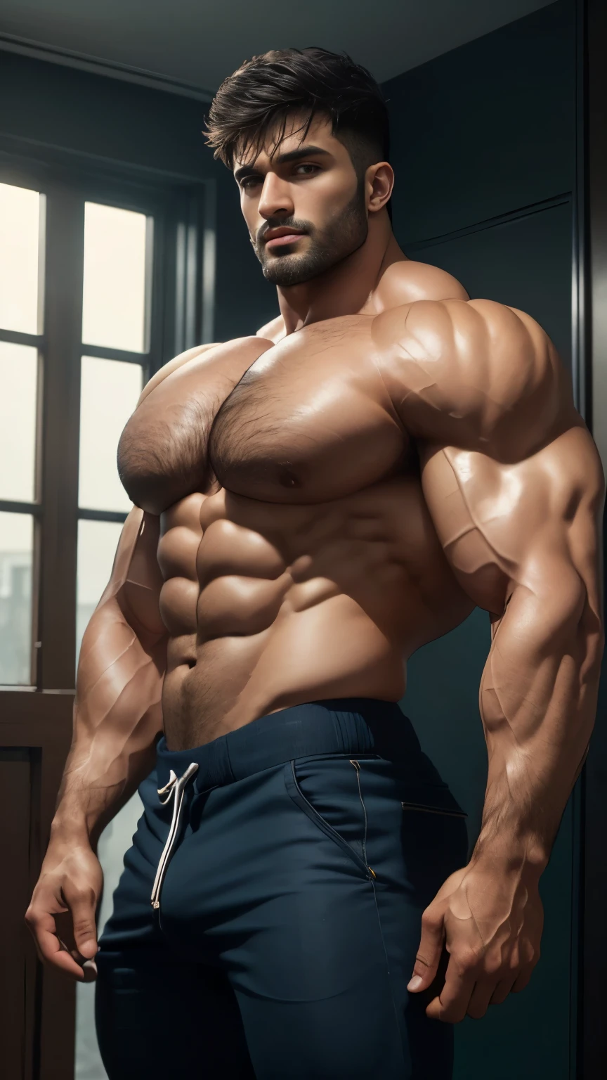 masseter membrane、nude, well built, Indian male stars、(Handsome(brunette)、male people、35yo、cool guy、gay twinks、scantily clad、cool guy、Muscular、eBlue eyerief and detailed entry and exit of Hyde、NSFenerous dimensions、Authentic texture、Just look at the upper body、large bulge、Rugby player、Match site、soles of feet、wastelands、side angle、Authentic texture、8K、8k ultra high definition、profesional lighting、professional photoshooting, His perfect( big huge penis) is (coming out) of his pant,masterpieces