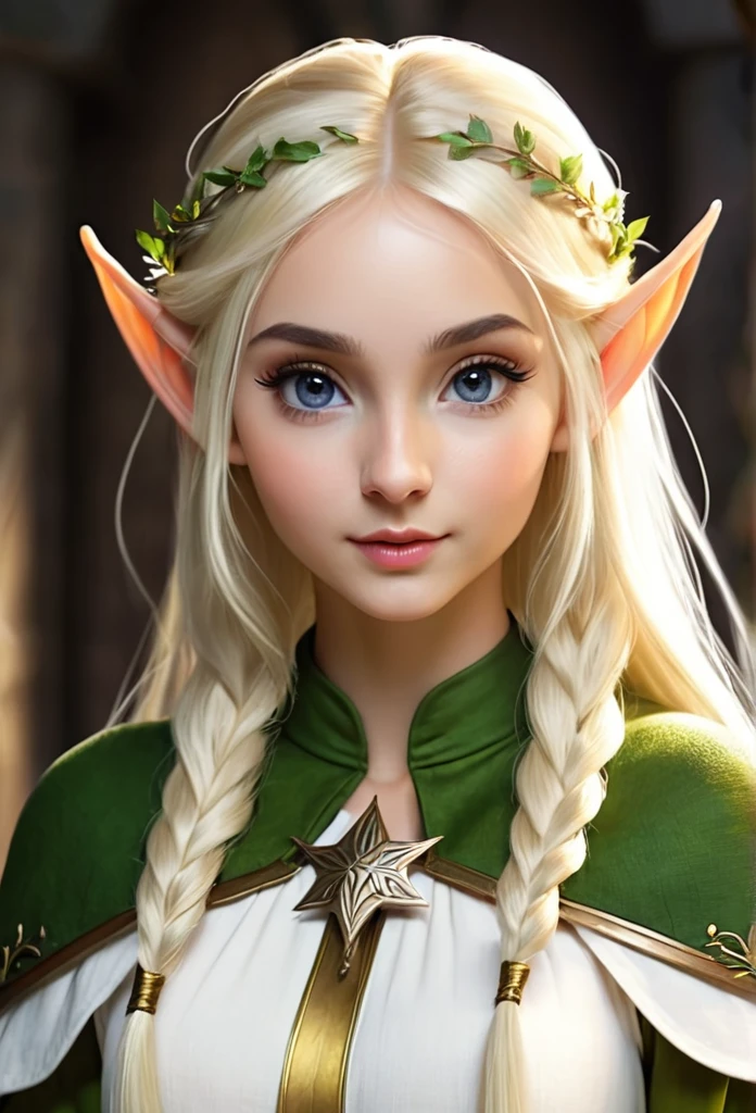 Create a blonde elf with two white streaks in her hair, no medieval time